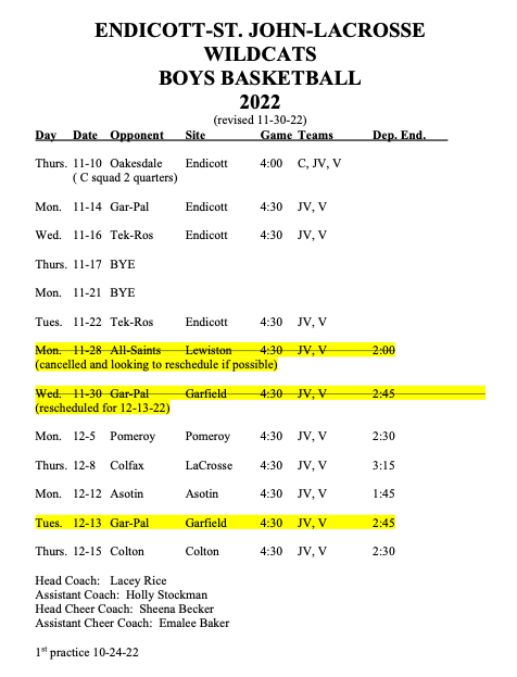 MS Boys Basketball Updated Schedule